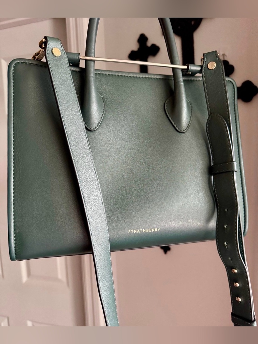 Strathberry Midi medium Tote 👜 Bottle Green Leather Top Handle Shoulder Bag $875 - Picture 9 of 16